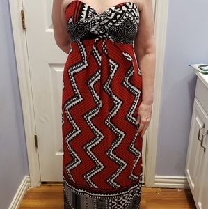 Nicole Miller Red Black Peint Maxi Strapless Dress